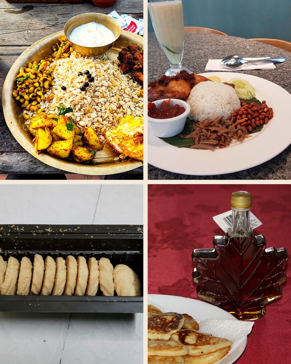 Collage of a Newari thali, Malaysian nasi lemak, Scottish shortbread and Canadian maple syrup